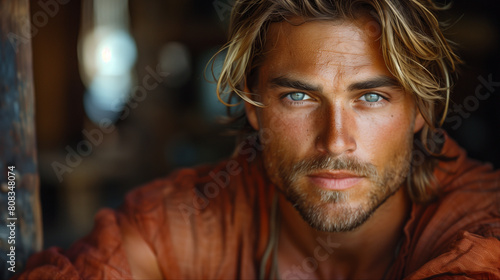 Intense blue-eyed man portrait in rustic environment photo