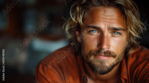 Close-up portrait of blue-eyed man with tousled blond hair in casual style photo