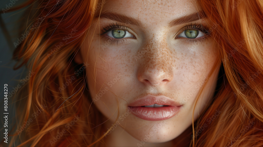 Close-up portrait of red-haired woman with green eyes Close-up portrait of red-haired woman with green eyes