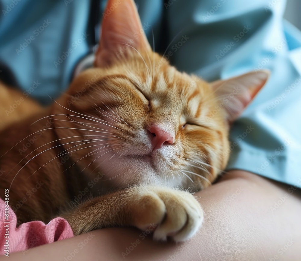 Peaceful orange tabby cat sleeps contentedly on a human's lap, with a smile-like expression, showcasing the bond between pets and their owners and the comfort they find in each other's company