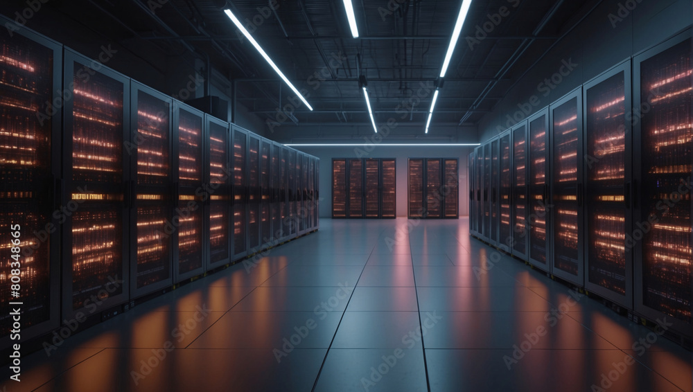 Obraz premium An IT engineer specialist is engaged in servicing technological equipment of a leading technology development company. Server room. Network and information servers. Data center