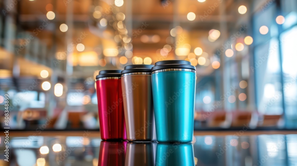 Three reusable tumblers in vivid colors against a café background with beautiful bokeh light effects Three reusable tumblers in vivid colors against a café background with beautiful bokeh light effects