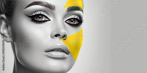 black and white image of woman's face with yellow paint © Steph