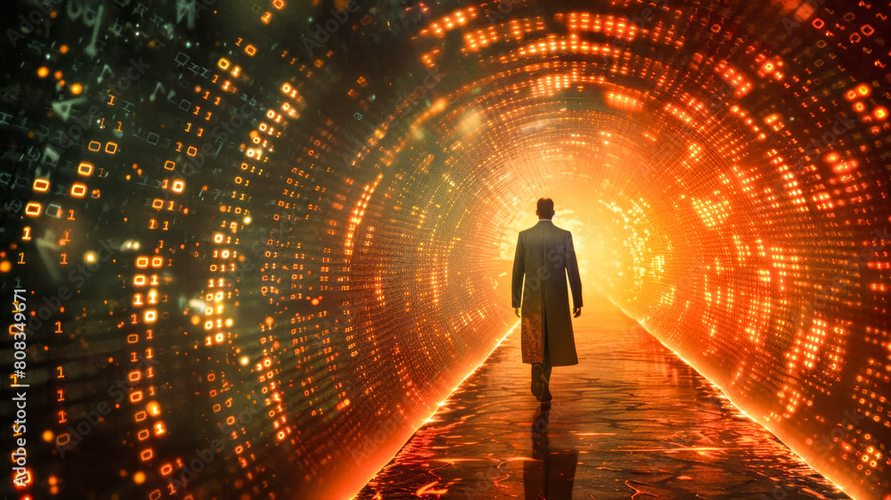 Businessman standing in futuristic tunnel with binary code. Businessman standing in futuristic tunnel with binary code.