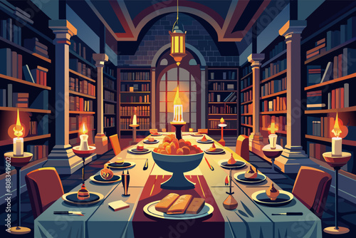 Illustration of a festive dinner table set up in a library with candles and dishes, surrounded by bookshelves, with a window showcasing a building with a clock tower in the background. photo