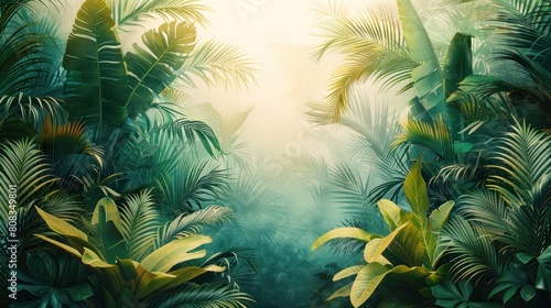 Illustration of tropical wallpaper tropical flowers, palm leaves