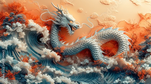 A Chinese New Year cover background modern featuring an ocean wave and the Year of the Dragon. This illustration would look great on a cover  banner  website  or calendar.