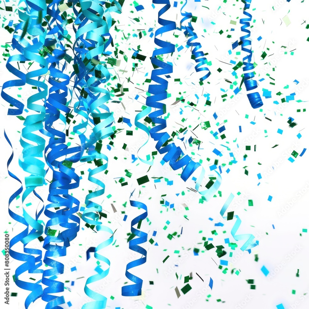 Blue And Green Confetti Cascades Gracefully Against A Pristine White Backdrop, Illustrations Images Blue And Green Confetti Cascades Gracefully Against A Pristine White Backdrop, Illustrations Images