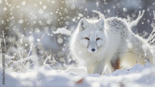 White arctic fox (Vulpes Lagopus) in the snow in the Arctic. Snow Fox. © somneuk