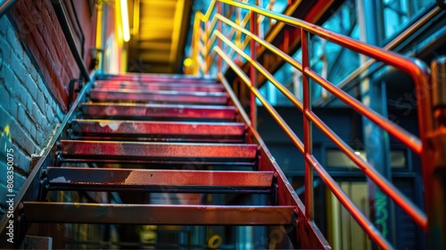 Vibrant hues dominate this industrial staircase setting, with red steps, orange handrails, and a brick wall backdrop