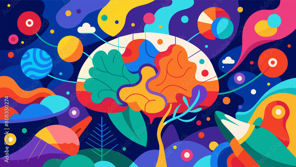 A chaotic mix of colors and shapes reflecting the unpredictable nature of a neurodivergent brain.. Vector illustration A chaotic mix of colors and shapes reflecting the unpredictable nature of a neurodivergent brain.. Vector illustration