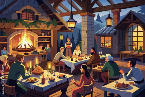 festive dinner scene inside a well-lit large cabin with high ceilings, featuring multiple people of various ages seated around a long table filled with food, enjoying conversation