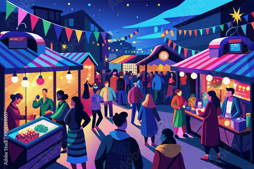 illustration urban night market scene with multiple stalls and diverse people shopping and interacting under neon lights, with skyscrapers in the background and a crescent moon in the sky
