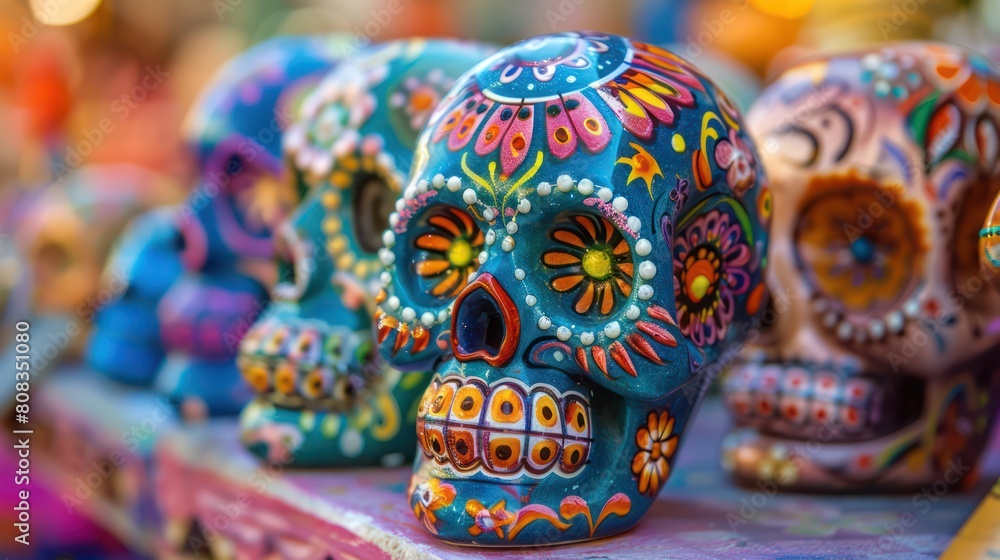 Vibrant hand-painted sugar skulls representing Mexican Day of the Dead celebration, showcasing folk art