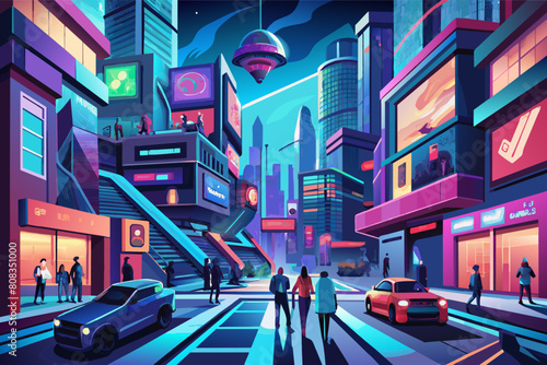 Vibrant illustration of a futuristic city street at dusk with neon signs, tall buildings, and people walking, alongside cars driving down the road. photo