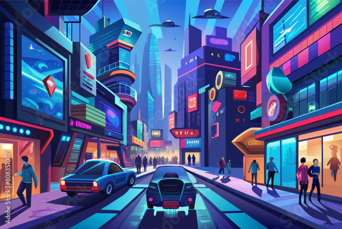 Vibrant illustration of a futuristic city street at dusk with neon signs  tall buildings  and people walking  alongside cars driving down the road.