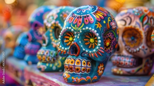 Vibrant hand-painted sugar skulls representing Mexican Day of the Dead celebration  showcasing folk art