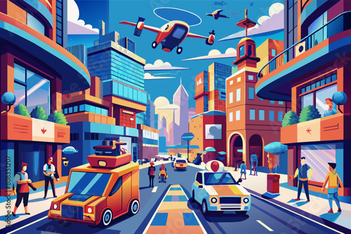 Vibrant illustration of a bustling futuristic city with autonomous cars, drones flying overhead, and pedestrians on vibrant, sunny streets lined with colorful, modern buildings.
