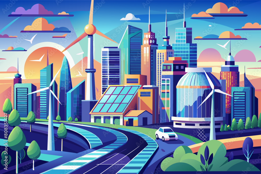 Colorful illustration of a futuristic city with renewable energy ...