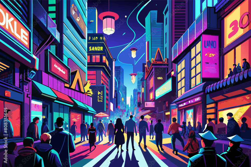 Vibrant illustration of a bustling city street at night, filled with people walking and neon signs lighting up the buildings, depicting a lively urban scene.