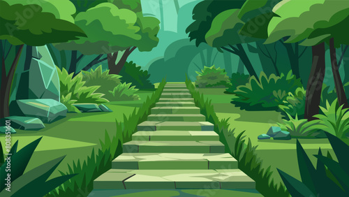 Lush greenery lines the stone pathways adding a sense of natural tranquility to the space.. Vector illustration photo