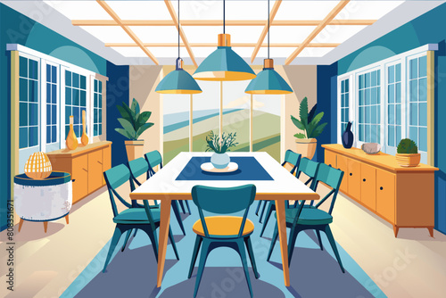 Illustration of a modern dining room with a long wooden table, blue and green chairs, hanging pendant lights, and surrounding windows showcasing plants and a geometric wall art.