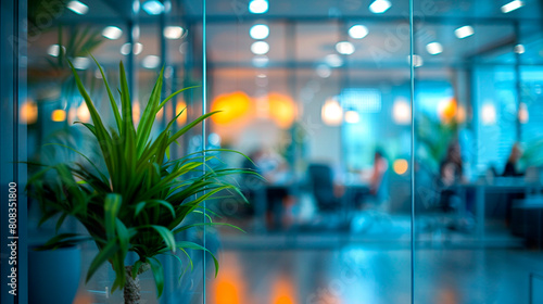 Background image of modern office space with blurred businessman working behind glass wall, generated AI © KatrinaEra