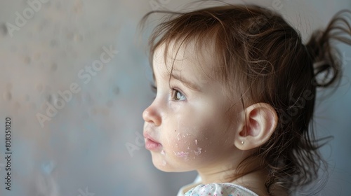Sideview of Baby girl with atopic dermatitis,type of eczema,is an inflammatory.

 photo