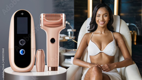 A woman in a white bikini sitting next to an electric shaver and depilator, AI