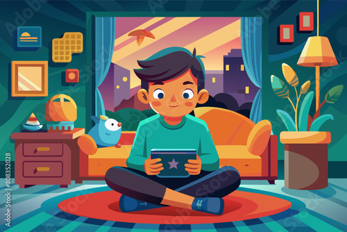 Illustration of a young boy sitting cross-legged on a rug in a cozy room, playing with a tablet, with a sunset view from the window and various playful decorations around the room.