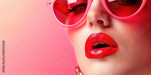 Young woman with pink sunglasses and red lipstick on pink background photo