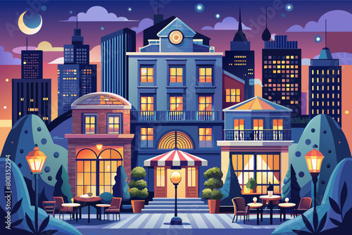 Illustration of a vibrant cityscape at night featuring a decorative three-story building in the center, surrounded by taller buildings and trees, with street lamps glowing and stars in the sky.