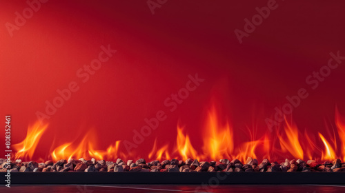 Modern indoor gas fireplace with intense flame over red background