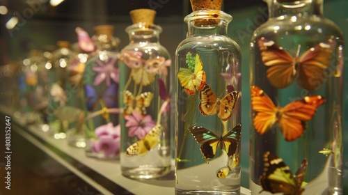 Preserved butterflies and other insects inside bottles.  