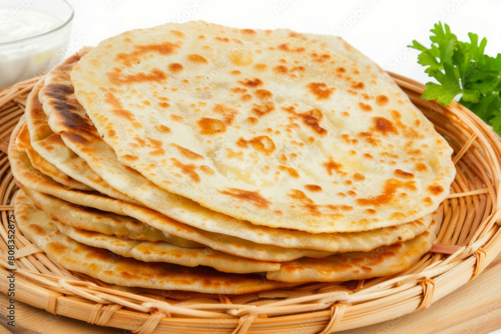 A basket of flatbreads sits on a wooden table A basket of flatbreads sits on a wooden table