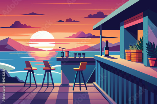 Illustration of a beachside bar at sunset with stools, drinks on the counter, and the sun setting over the ocean in the background.