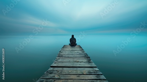 Man is thinking on the edge of pier. Image was shot with long exposure.

