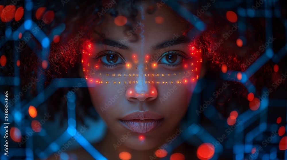 Beautiful serious young African American businesswoman using laptop with immersive facial recognition interface in blurry office. Concept of biometric scanning and authentication