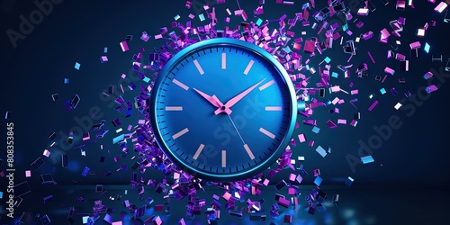 shattered blue, pink, purple glass with a clock, 