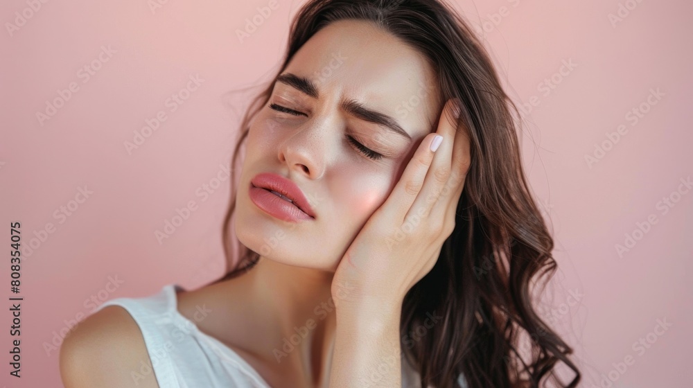 Health and medicine concept - Young women scratch the itch with hand.
Health and medicine concept - Young women scratch the itch with hand.
