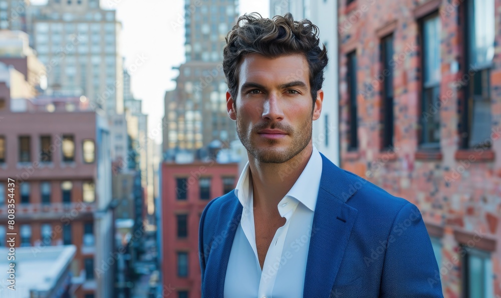 A handsome male model wearing a white dress shirt and a blue blazer. Street fotoshooting A handsome male model wearing a white dress shirt and a blue blazer. Street fotoshooting