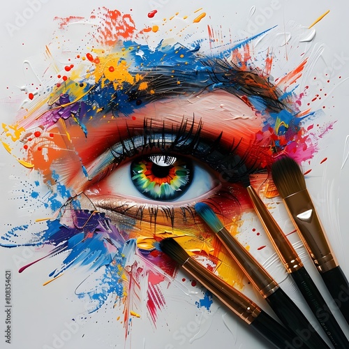 Bright creative eye makeup. Close-up of a woman s eye with perfect artistic makeup. A set of brushes for a makeup artist. 