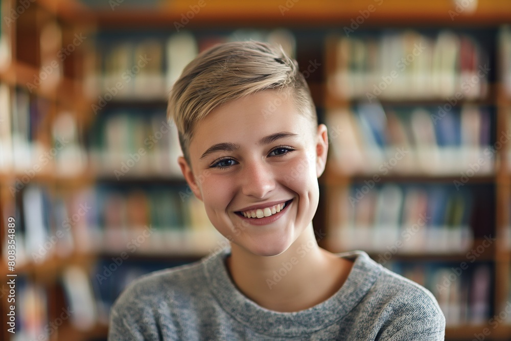 Portrait of a cheerful young person with a stylish haircut, smiling warmly in a cozy library setting, evoking a sense of happiness, intelligence, and the joy of reading Portrait of a cheerful young person with a stylish haircut, smiling warmly in a cozy library setting, evoking a sense of happiness, intelligence, and the joy of reading