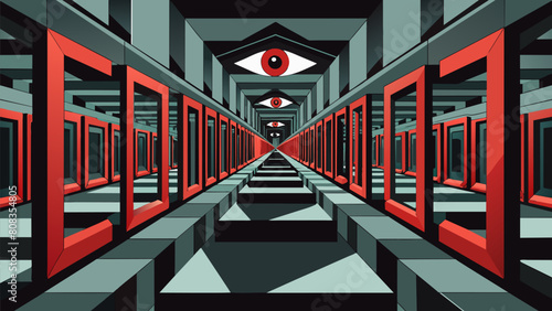 A maze of mirrors lined the walls of the Paranoia Induction Hall each one distorting your reflection and making you feel like you were being watched.