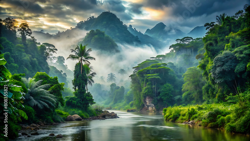  a jungle, river, nature, hill, fog © miha