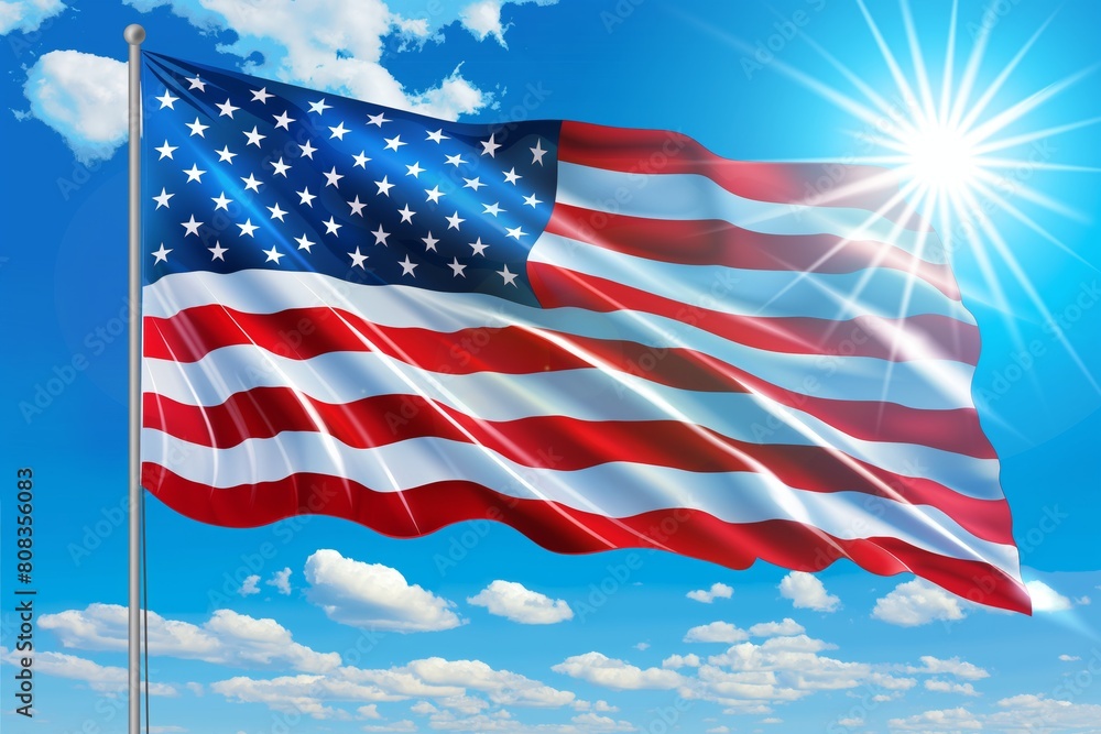 Vibrant image showcasing the american flag waving with pride against a bright sunburst and deep blue sky, symbolizing patriotism, freedom, and national pride Vibrant image showcasing the american flag waving with pride against a bright sunburst and deep blue sky, symbolizing patriotism, freedom, and national pride