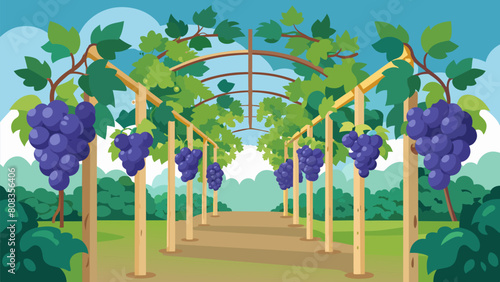 Gvines wind up trellises tered throughout the garden offering a sense of abundance and growth within the space.. Vector illustration