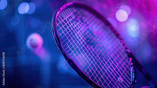 A purple tennis racket, blurred background cinematic lighting photo