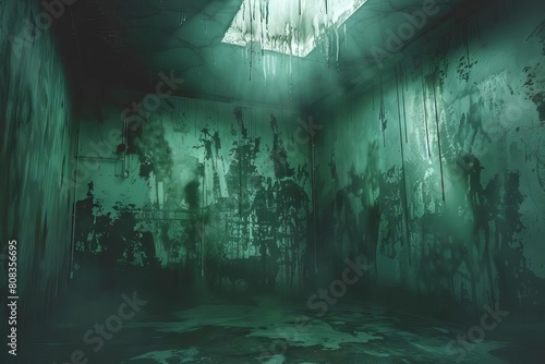 eerie damp cellar with ominous mold and dripping ceiling unsettling horror concept illustration photo