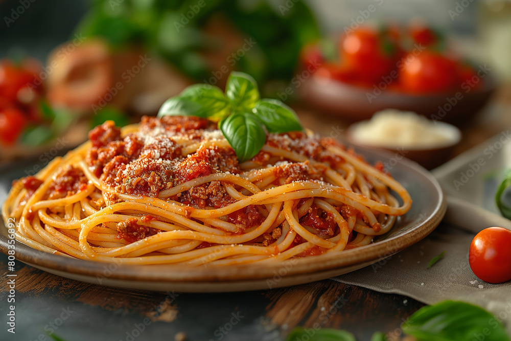 A plate of spaghetti with meat sauce and basil on top A plate of spaghetti with meat sauce and basil on top